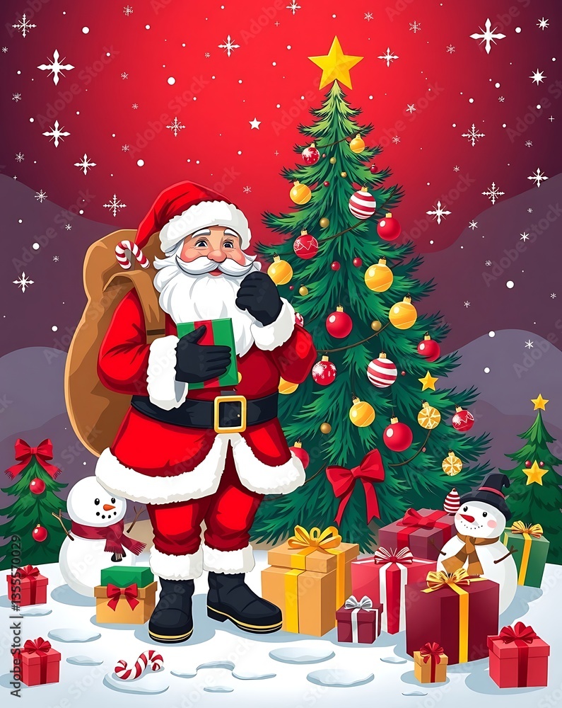 Merry Christmas Scene with Santa, Gifts, and Holiday Lights - Digital Artwork, Santa Claus Christmas Illustration, Festive Holiday Vector, Christmas Tree and Santa, Santa Claus Holding Gifts in Front Merry Christmas Scene with Santa, Gifts, and Holiday Lights - Digital Artwork, Santa Claus Christmas Illustration, Festive Holiday Vector, Christmas Tree and Santa, Santa Claus Holding Gifts in Front