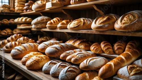 Tasty loaves of bread in a bakery. Various types of bread loaves displayed on bakery shelves.