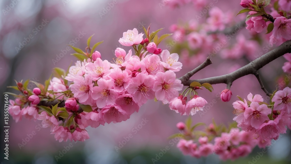 Fototapeta premium Delicate pink flowers embellish a branch, capturing the spirit of renewal and natural beauty.