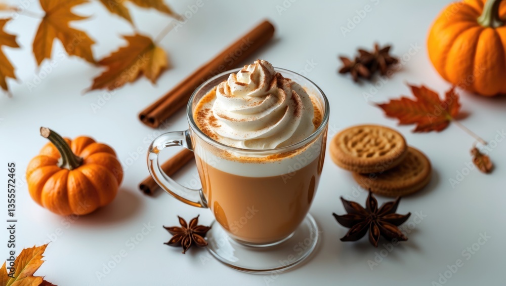 Cup of pumpkin spice latte topped with whipped cream, squash, cookies, anise, and cinnamon sticks on a white background. Cup of pumpkin spice latte topped with whipped cream, squash, cookies, anise, and cinnamon sticks on a white background.