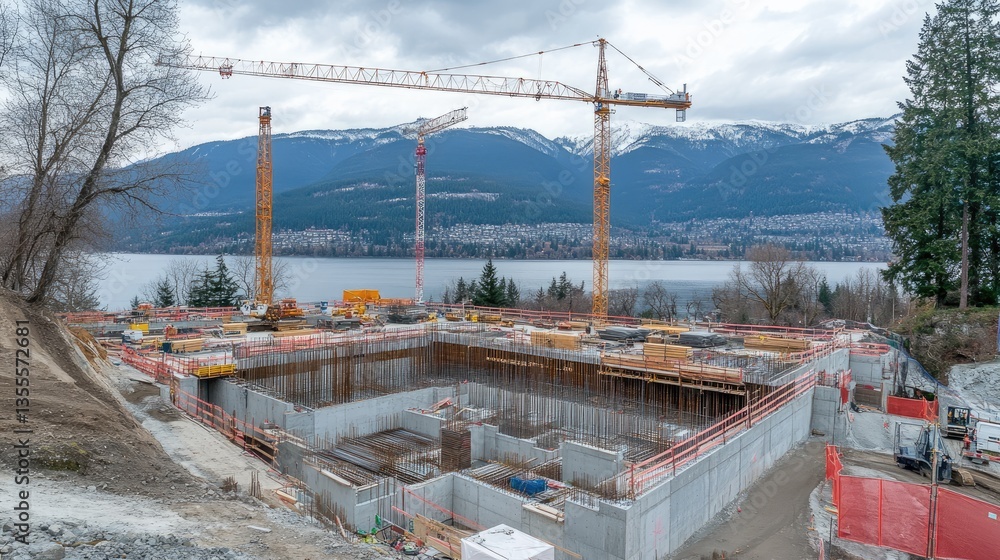 Fototapeta premium A panoramic view of a massive construction project with multiple cranes in operation.