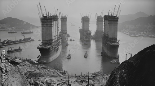A panoramic view of a massive construction project with multiple cranes in operation.