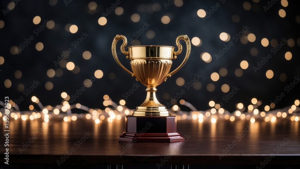 Image of a gold trophy placed on a wooden table with a dark background, featuring abstract shiny lights. Image of a gold trophy placed on a wooden table with a dark background, featuring abstract shiny lights.