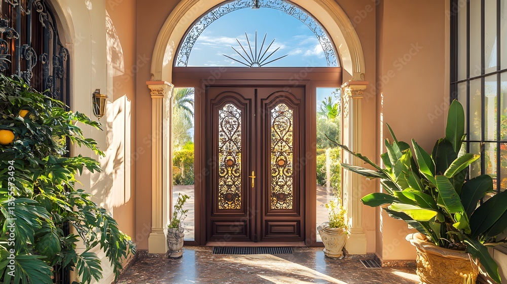 Fototapeta premium Grand entrance of a luxury house with a serene outdoor landscape, embodying elegance and tranquility