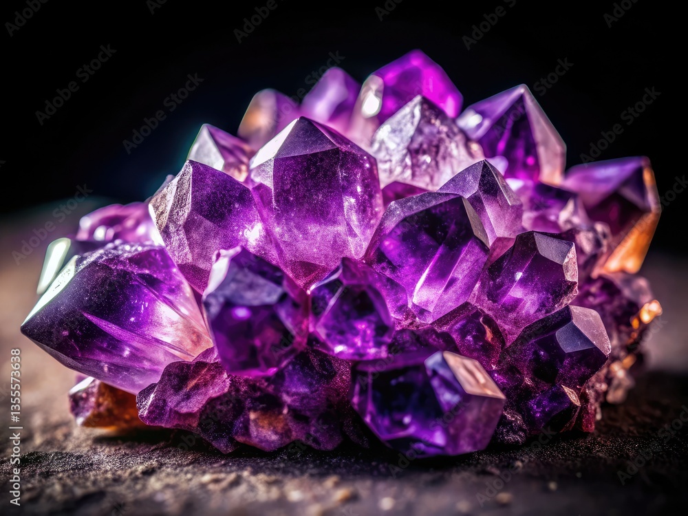Deep violet amethyst cluster explodes against a stark black background, vintage macro photography. Deep violet amethyst cluster explodes against a stark black background, vintage macro photography.