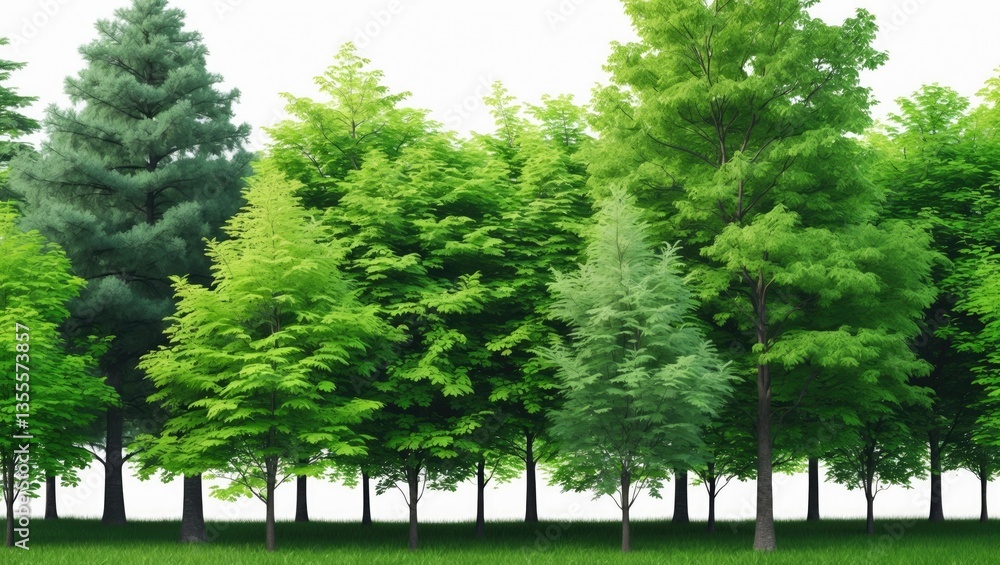 Fototapeta premium Green trees set against a white background. Summer forest and foliage. A row of shrubs and trees.