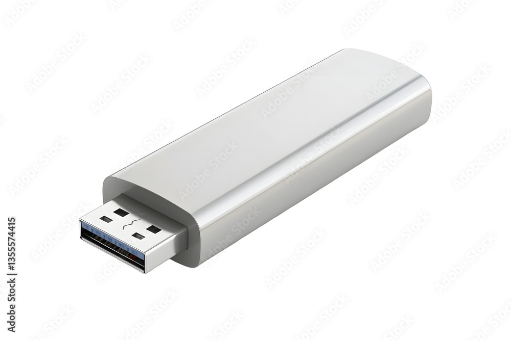 A silver USB flash drive on a white background A silver USB flash drive on a white background