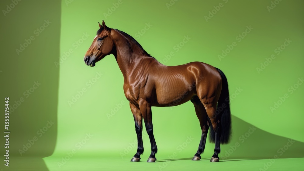 Naklejka premium Horse, standing alone against a green background.