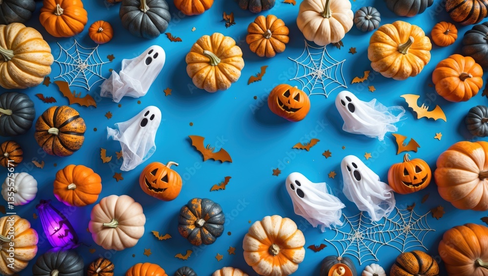 Halloween-themed backdrop showcasing festive decorations such as pumpkins, bats, ghosts, and spiders on a blue background. A flat lay design for a joyful Halloween greeting card. Halloween-themed backdrop showcasing festive decorations such as pumpkins, bats, ghosts, and spiders on a blue background. A flat lay design for a joyful Halloween greeting card.