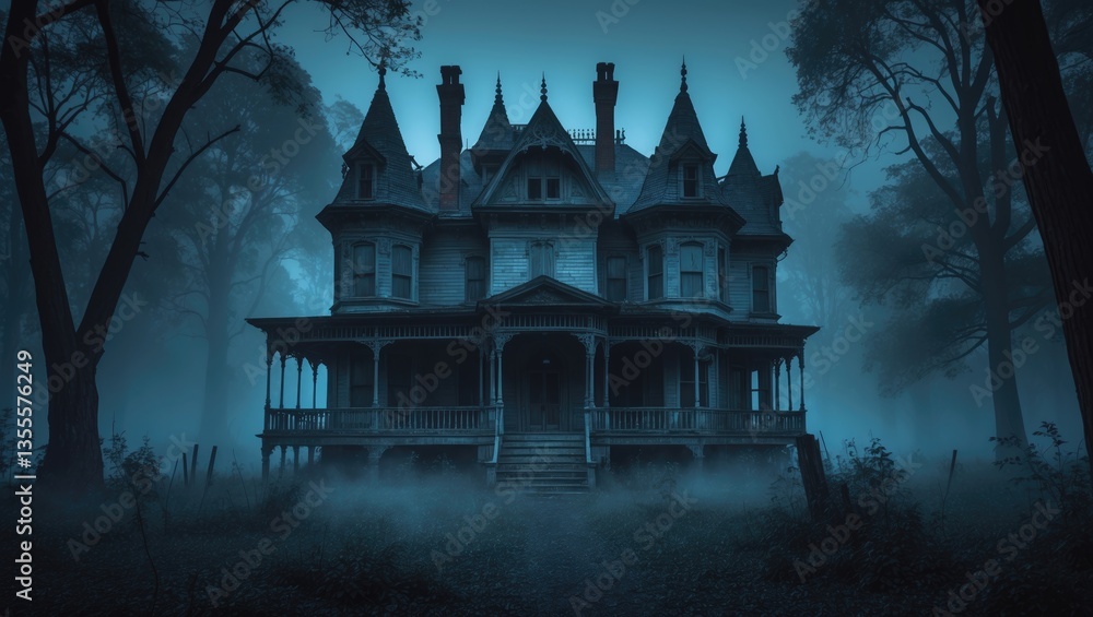 Obraz premium Horizontal Halloween banner featuring a haunted house. An old abandoned residence within the nighttime forest. A frightening cottage in an enigmatic woodland. Photo tinted in blue hues.