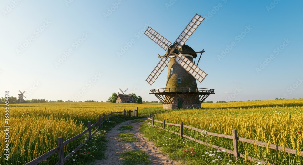 Windmill Landscape on Sunny Day with Golden Wheat Field and Path Windmill Landscape on Sunny Day with Golden Wheat Field and Path