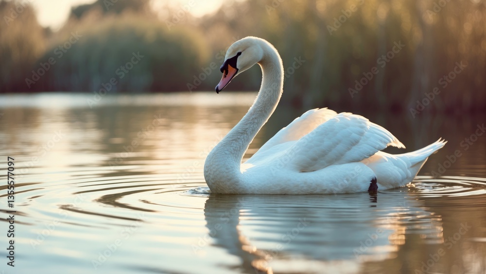 Fototapeta premium Horizontal color image of a swan solitary in the water.