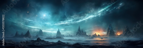 Wallpaper Mural Night Landscape Mountains, Clouds, Shooting Star, and Reflection on Water Torontodigital.ca