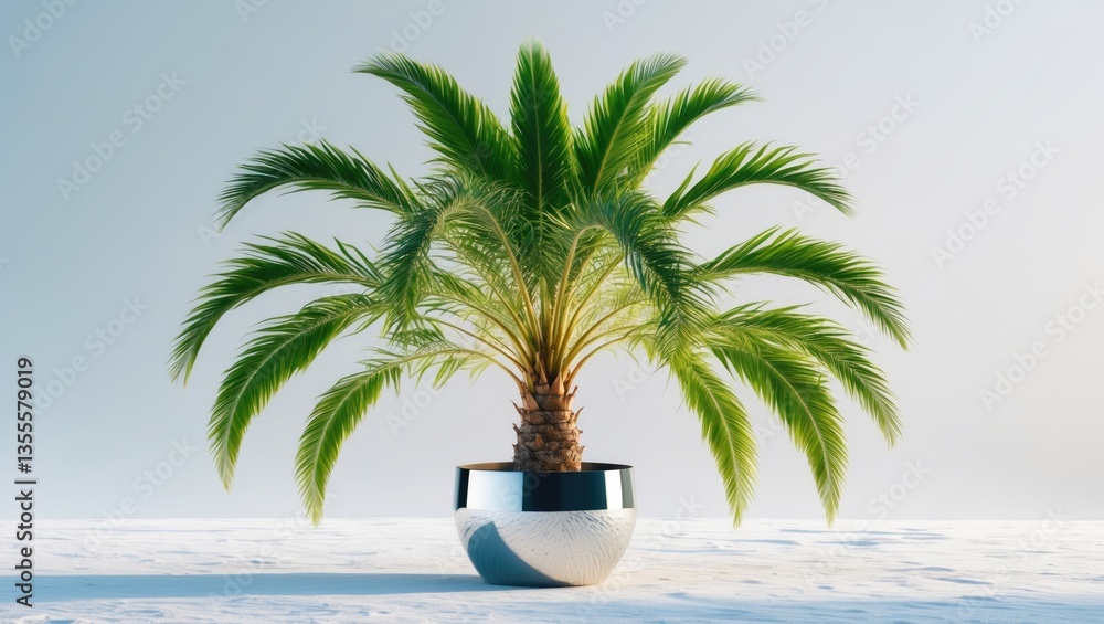 Obraz premium Isolated Palm Tree in a stainless steel pot against a white backdrop.