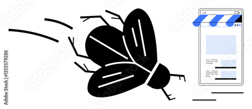 Large fly in motion heading to smartphone browser styled as a storefront. Ideal for e-commerce, internet trends, marketing, online shopping, advertisement impact, technology, flat simple metaphor