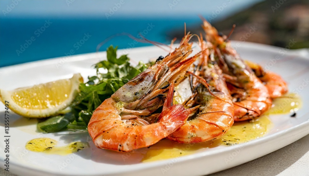Freshly Grilled Prawns with Garlic Butter Shot Sideways on White Plate in Bright Mediterranean Coastal Sunlight Freshly Grilled Prawns with Garlic Butter Shot Sideways on White Plate in Bright Mediterranean Coastal Sunlight