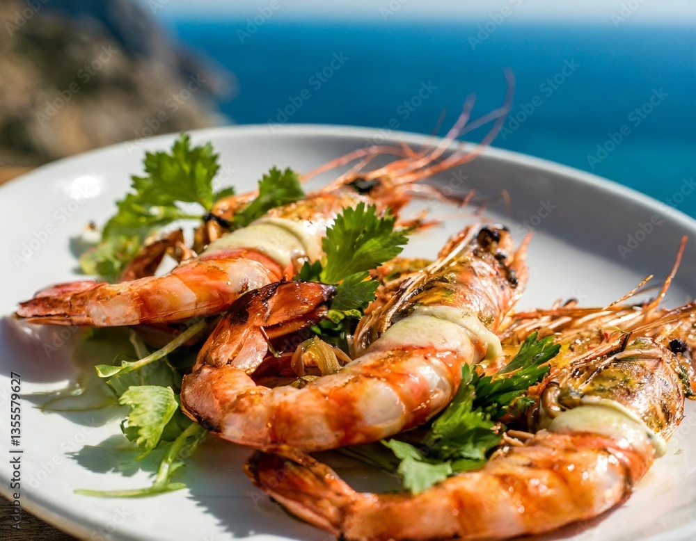 Freshly Grilled Prawns with Garlic Butter Shot Sideways on White Plate in Bright Mediterranean Coastal Sunlight Freshly Grilled Prawns with Garlic Butter Shot Sideways on White Plate in Bright Mediterranean Coastal Sunlight