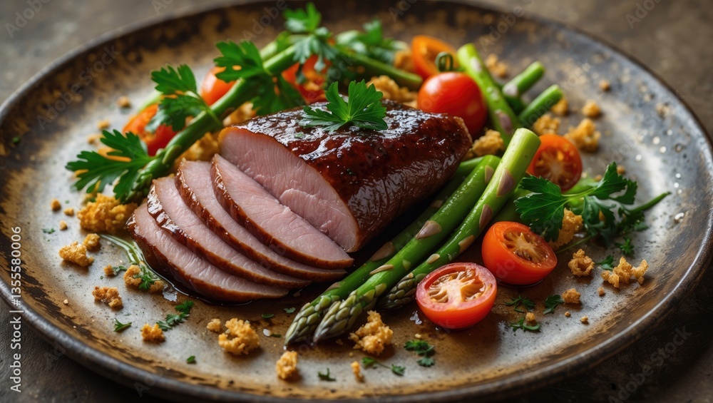 Juicy sliced duck breast glimmers beneath a rich glaze, paired with a vibrant mix of fresh vegetables and herbs, creating a delightful culinary experience. Juicy sliced duck breast glimmers beneath a rich glaze, paired with a vibrant mix of fresh vegetables and herbs, creating a delightful culinary experience.