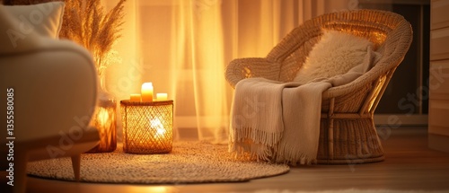 Cozy and Serene Interior Featuring Rattan Chair, Soft Textiles, Ambient Light, and Natural Elements in Warm Tones