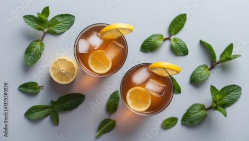 Wallpaper Mural Kombucha summer beverage, festive party drink, apple iced tea in glasses. Room for text, overhead view. Torontodigital.ca