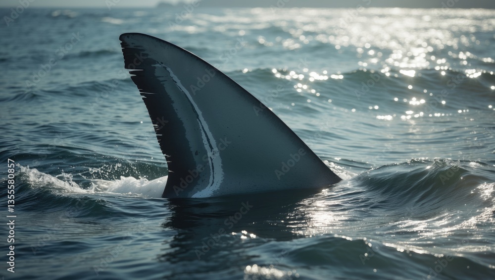 Naklejka premium dorsal fin of great white shark, near the bay