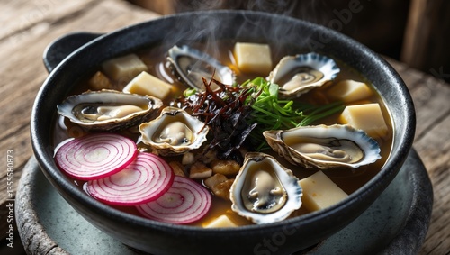 Korean-style oyster soup featuring fresh oysters simmered with radish, bean curd, onion, anchovy, and mushrooms, enhanced with brown seaweed and chives to lessen the seafood aroma.