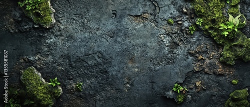 Dark Textured Surface with Moss and Small Plants on a Concrete Background for Nature and Texture Themes