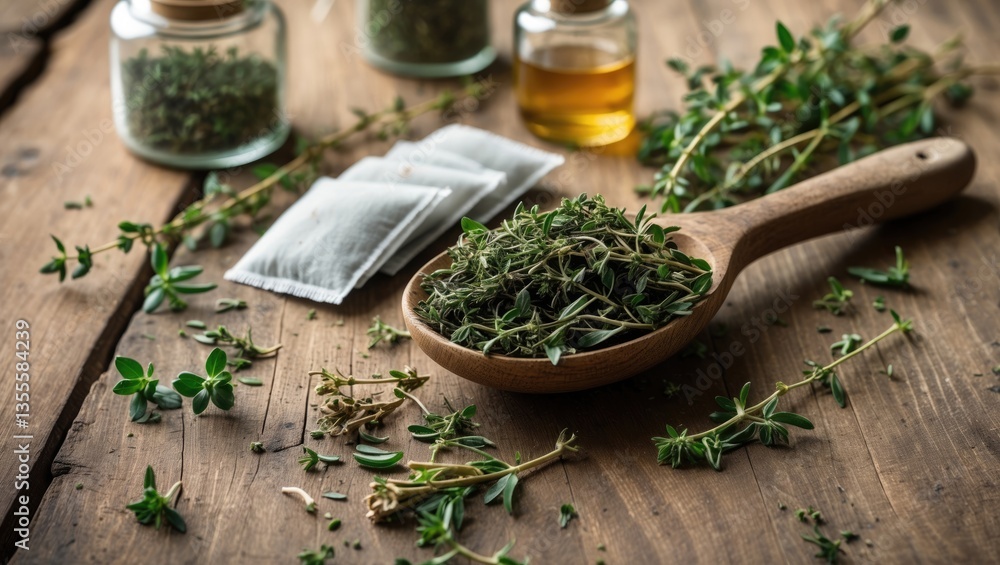 Dry herbs in a wooden spoon alongside grass twigs, tincture, and tea filter bags arranged on a wooden table in a flat layout. Medicinal plants utilized in cooking, herbal medicine, homeopathy, and ... Dry herbs in a wooden spoon alongside grass twigs, tincture, and tea filter bags arranged on a wooden table in a flat layout. Medicinal plants utilized in cooking, herbal medicine, homeopathy, and ...