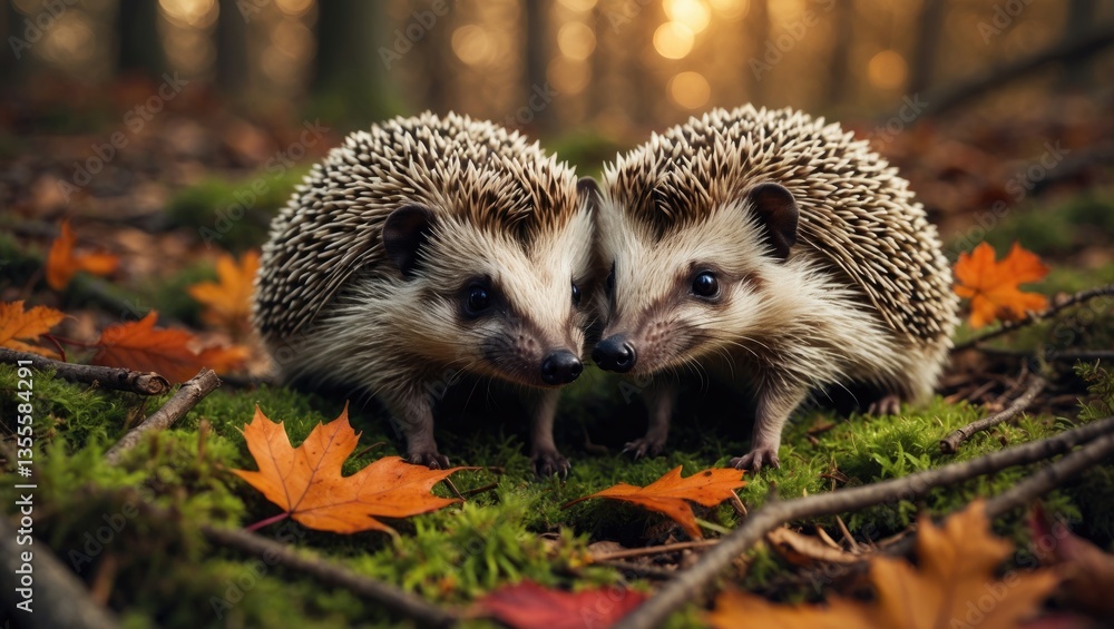 Fototapeta premium Hedgehogs during autumn, two wild, free-ranging hedgehogs, captured from a wildlife hide to assist in monitoring the health and population of this beloved but declining mammal.