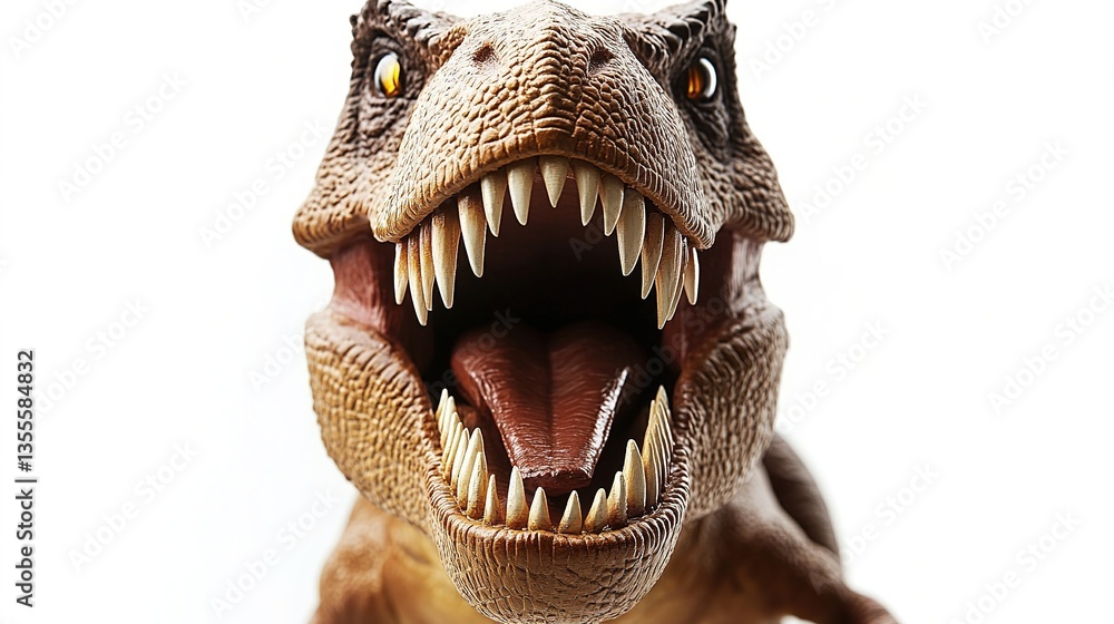 Fototapeta premium Close-up of a fierce T-Rex figurine with sharp teeth, capturing its menacing essence and primal power.