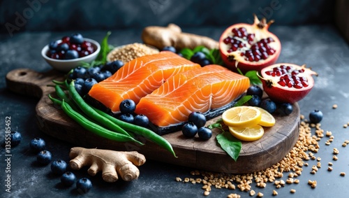Healthy food assortment featuring sources of omega 3 and unsaturated fats, fruits, vegetables, seeds, superfoods rich in vitamin E and dietary fiber, and cereals displayed on a gray surface.