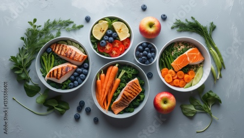 Wallpaper Mural Healthy food arrangement on gray background. Detox and clean diet idea. Foods rich in vitamins, minerals, and antioxidants. Anti-aging foods. Torontodigital.ca