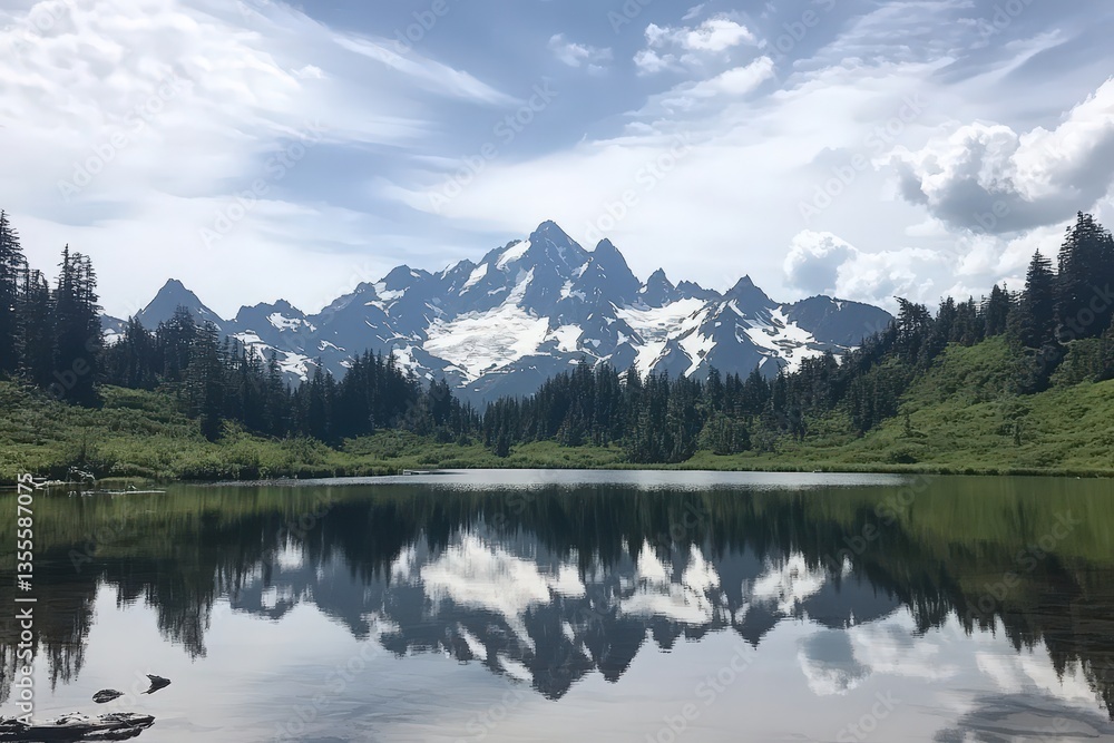 Snowy mountain reflection on lake surrounded by forest and cloudy skies Snowy mountain reflection on lake surrounded by forest and cloudy skies
