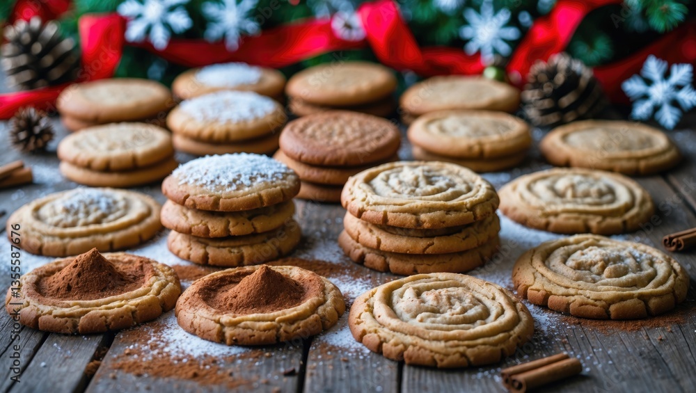 Fototapeta premium Cookies displayed on a table with cinnamon, set against a festive holiday background.