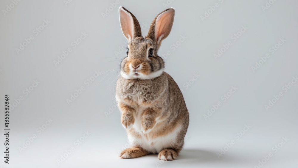 Obraz premium Healthy lovely brown rabbit stands on two legs against a white background. Adorable fluffy bunny on white background, charming mammal with bright beautiful eyes in nature, symbolizing daytime creat...