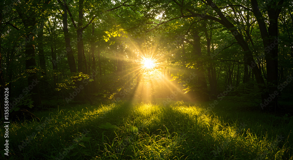 Fototapeta premium Sunlight Streaming Through Forest Canopy Illuminating Green Meadow Scene