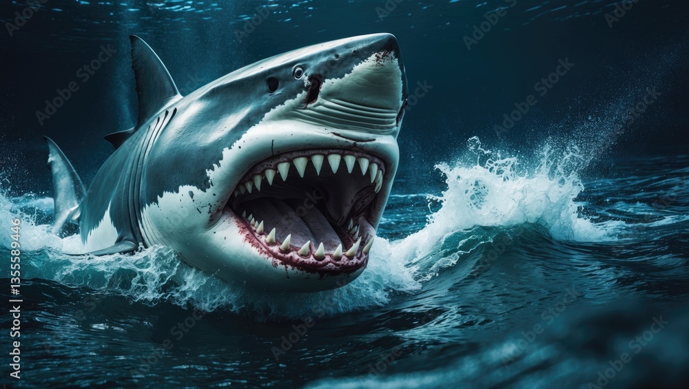 Obraz premium Great white shark with its mouth agape. Great White Shark in ocean waters preparing for an attack. The hunt of a Great White Shark.