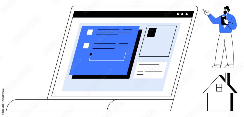 Laptop screen displaying blue task management interface. Presenter standing aside, small house symbolizing remote work. Ideal for teamwork, productivity, technology, remote work, education, planning Laptop screen displaying blue task management interface. Presenter standing aside, small house symbolizing remote work. Ideal for teamwork, productivity, technology, remote work, education, planning