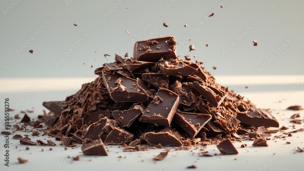 Fototapeta premium Grated Chocolate Isolated, Crushed Pieces of Chocolate Shavings, Crumbs Collection, Scattered Flakes, Cocoa Sprinkles for Dessert Garnishing on Light Background