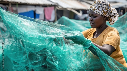 Woman preparing mosquito nets with malaria prevention, and Africa.