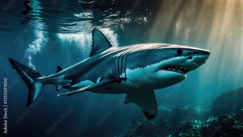 Fototapeta premium Great white shark gliding through the ocean.