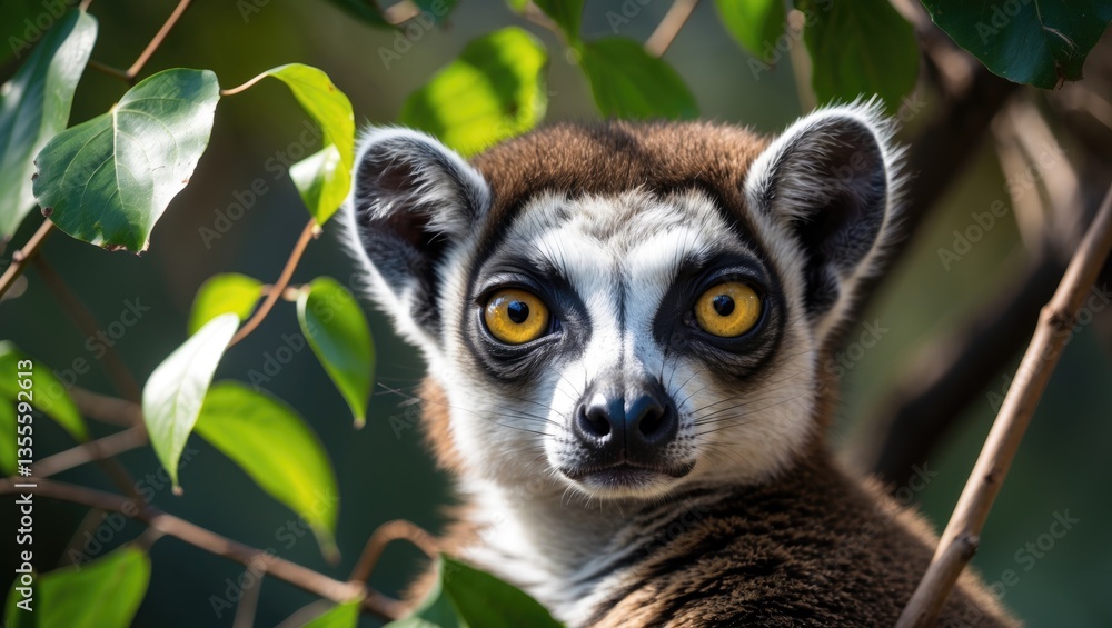 Obraz premium Close-up of a lemur with striking yellow eyes hidden among vibrant green foliage in its natural habitat.