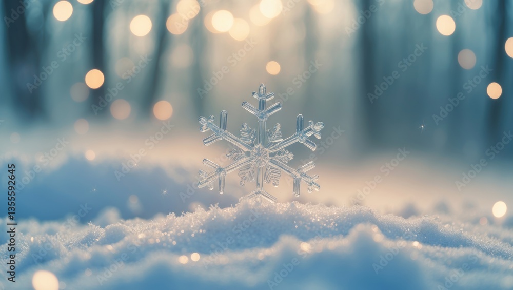 Christmas winter background, banner - perspective of a decorative snowflake on a snow pile in a winter forest, space for text Christmas winter background, banner - perspective of a decorative snowflake on a snow pile in a winter forest, space for text