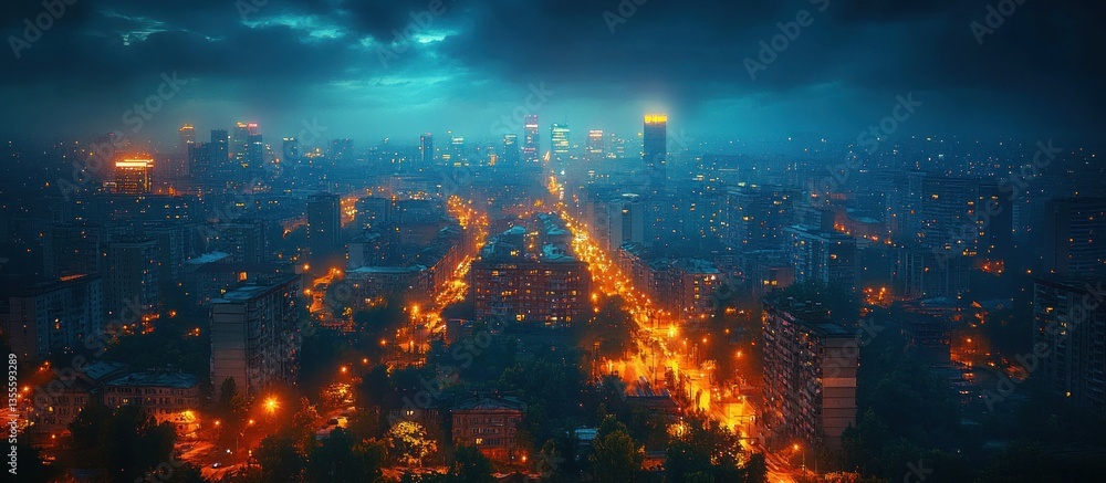 Fototapeta premium Night Cityscape Aerial View, Dramatic Sky