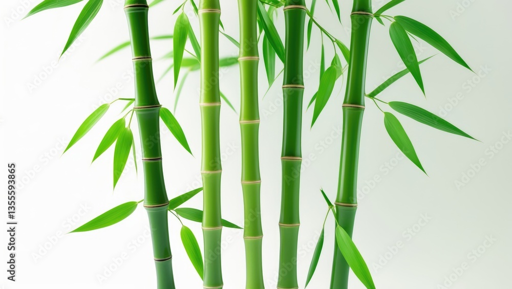 Obraz premium Green bamboo with leaves set against a white background, featuring a clipping path and full depth of field.