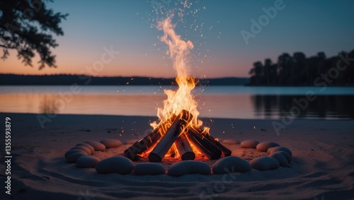 Fototapeta Naklejka Na Ścianę i Meble -  Campfire on sandy beach next to lake during sunset.