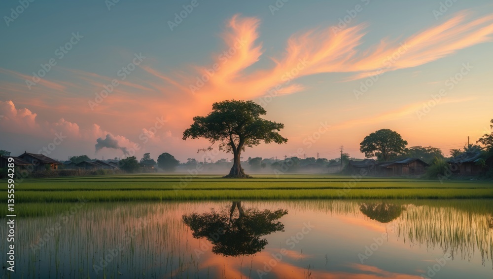 Naklejka premium Golden tranquility, a peaceful evening in the fields.