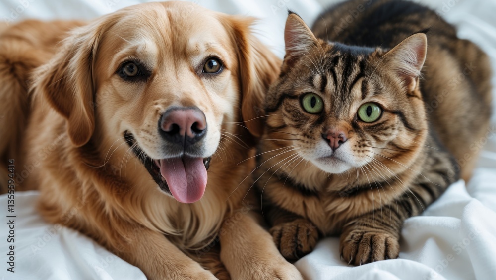 Golden retriever and cat portrait together on a white background Golden retriever and cat portrait together on a white background