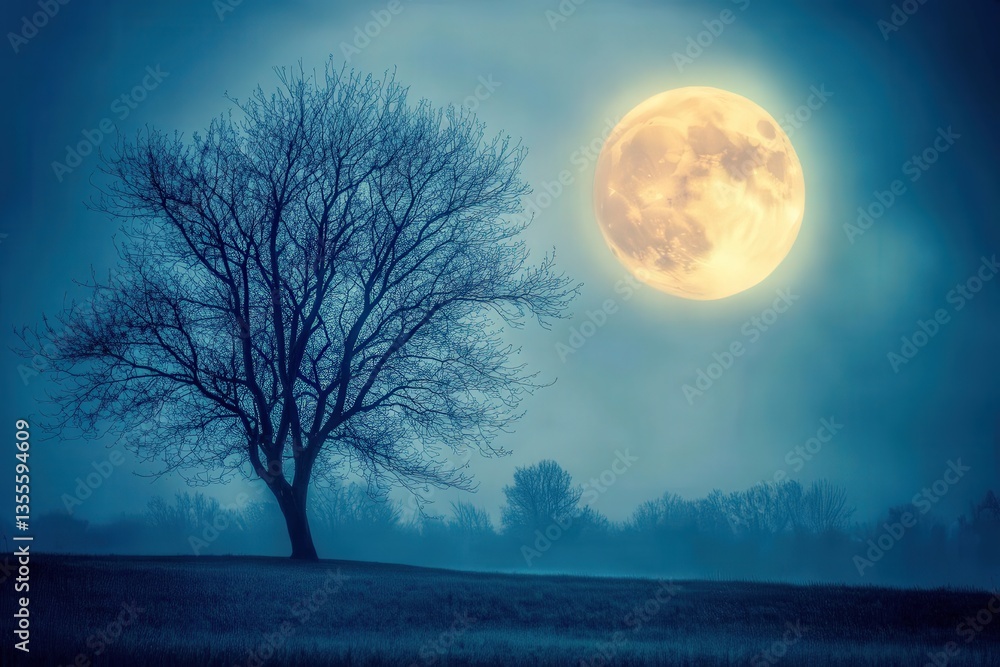 Fototapeta premium Tree silhouetted against a full moon at night. Sky glows in the distance. Dreamy landscape