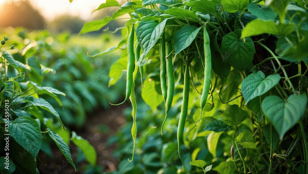 Fototapeta premium Green bean pods cultivation. String beans thrive in a farmer's field. Abundant harvest of beans in the garden.
